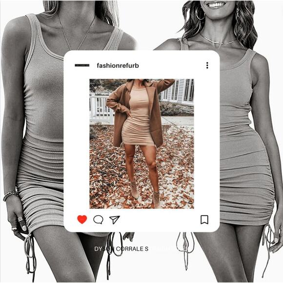 Ruched Bodycon Mini Dress Sleeveless Drawstring Tank Dress | Sz S - Picture 2 of 8